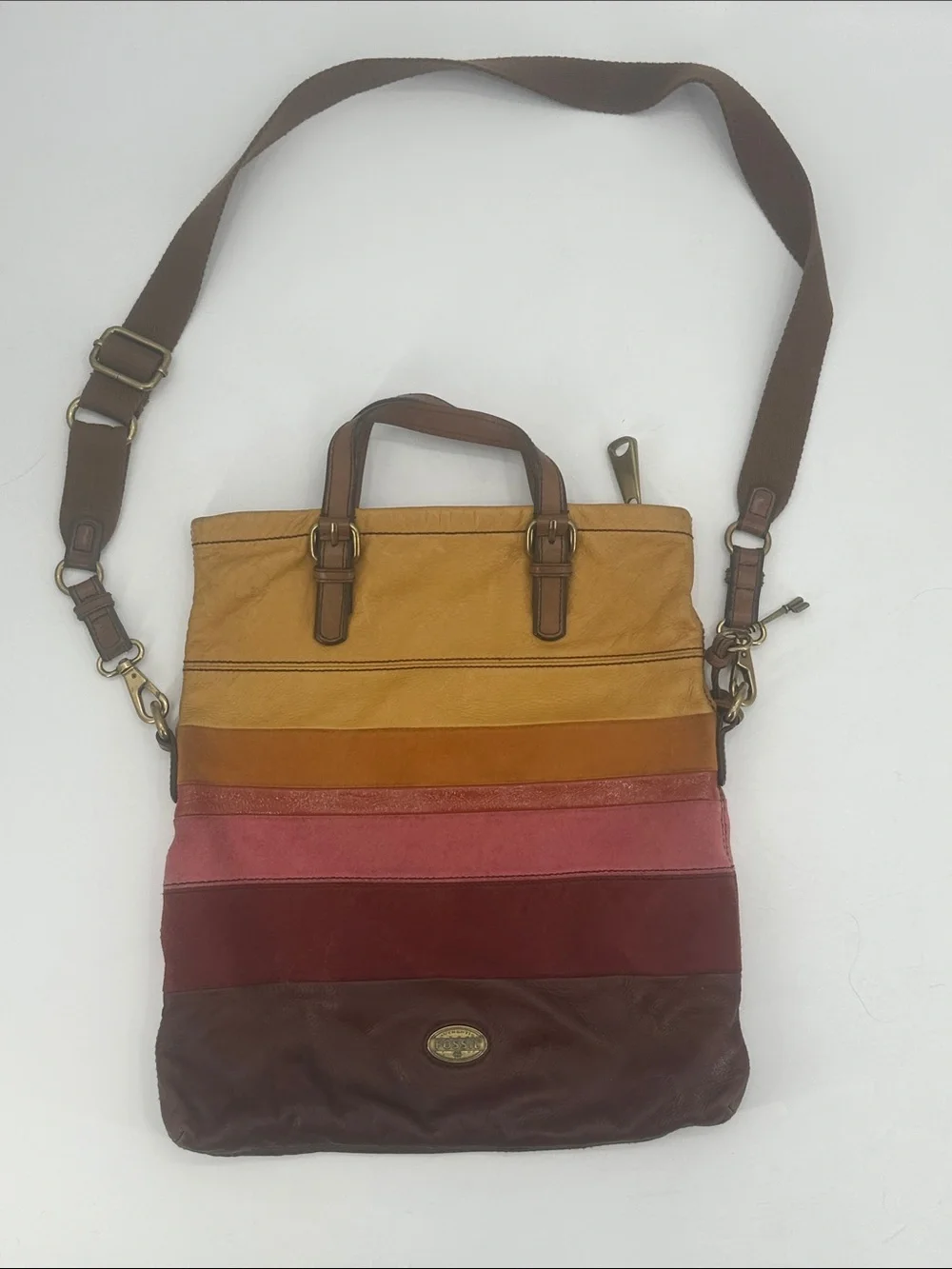 Vintage Fossil Explorer leather messenger bag brown, yellow, pink striped